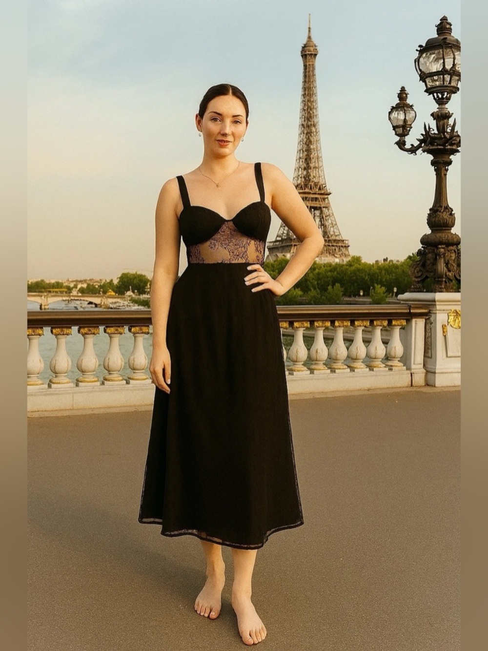 DANIELLE BERNSTEIN Lace Sheer Midi Dress Black XS NWT Bustier Fit & Flare Party
